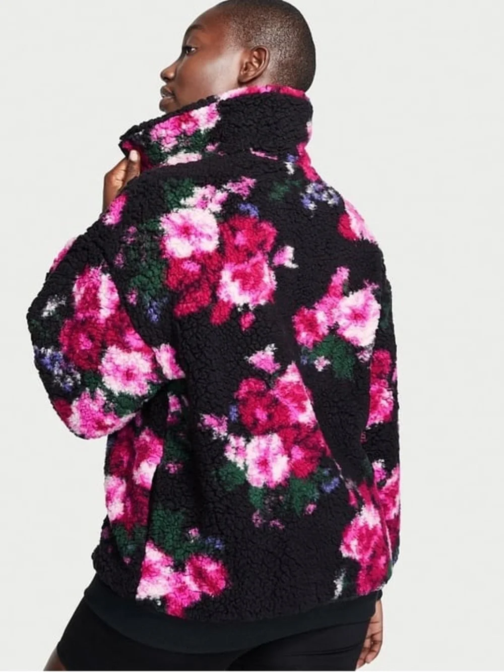 Victoria's Secret Black Sherpa Jacket with Pink Floral Print